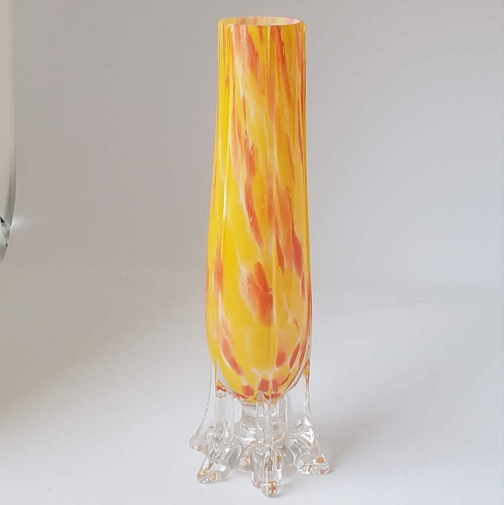 8" Blown Glass Orange Yellow Splatter Vase Clear Bottom Beautiful Vintage Vase